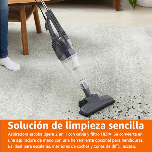 Amazon Basics Aspirador Vertical 2 en 1 con Cable, Motor ECO, Filtro HEPA, Diseño Ligero, Color Negro