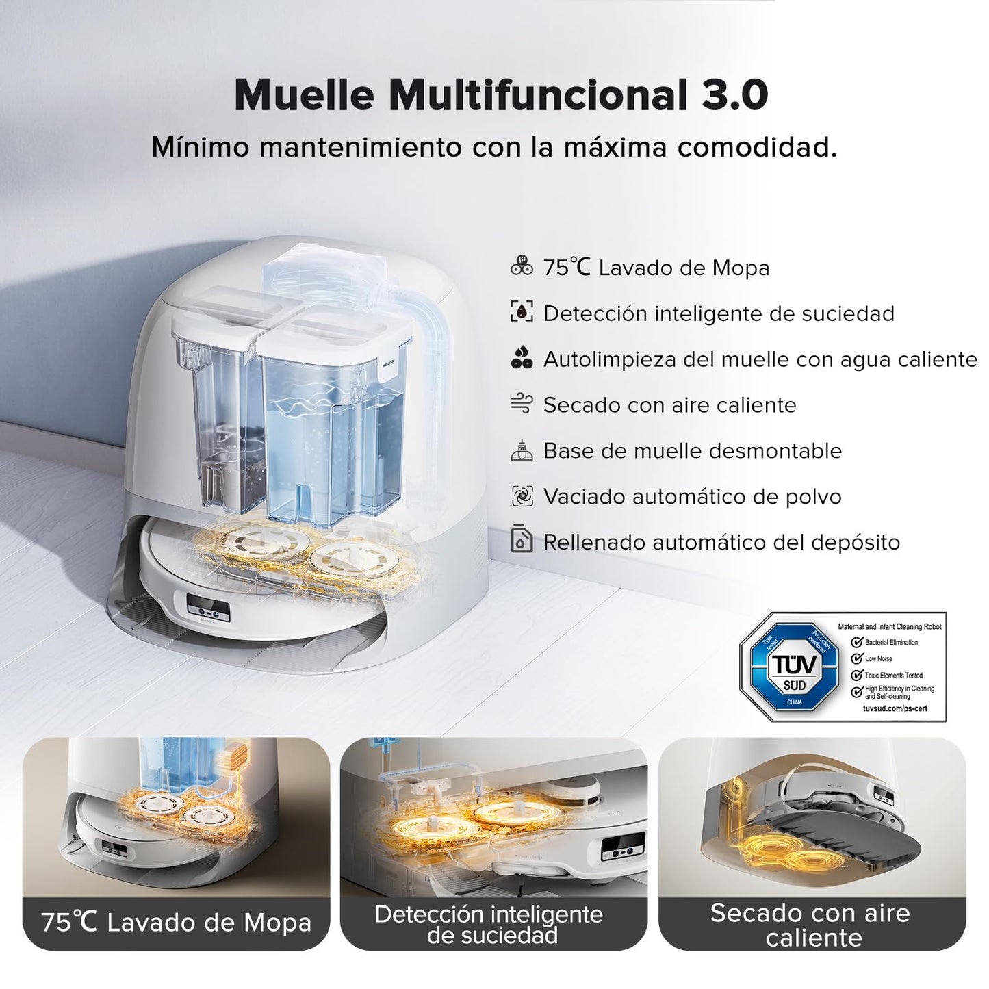 roborock Qrevo Curv Robot Aspirador y Fregasuelos Autovaciado, Sin enredos, AdaptiLift, HyperForce de 18500 Pa, Cepillo Principal DuoDivide, Cepillo Lateral en Arco FlexiArm, Agua a 75 °C, Blanco