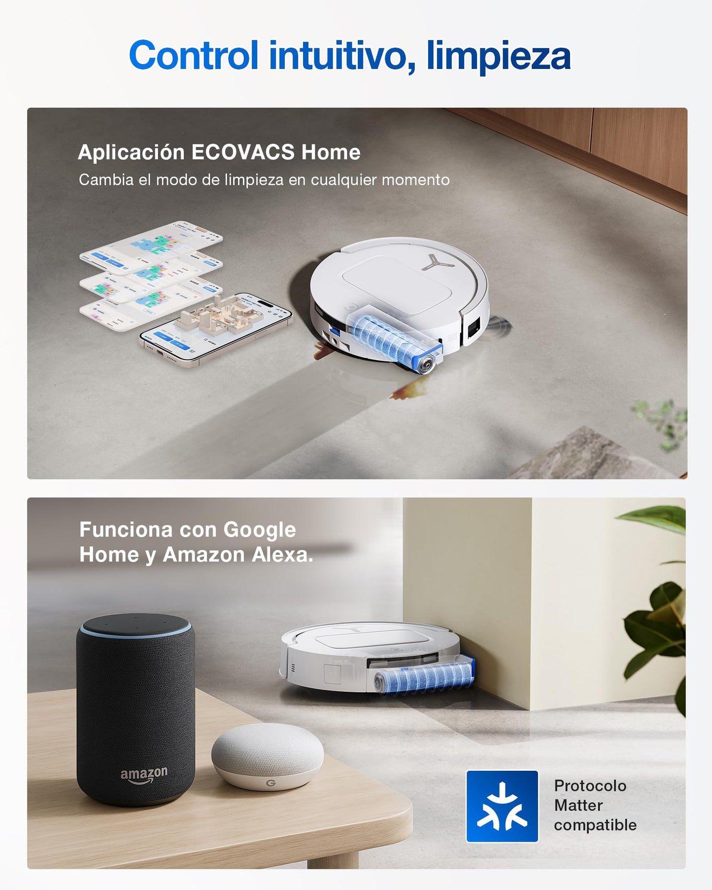 ECOVACS DEEBOT T80 Omni Robot Aspirador y Fregasuelos, Succión de 18.000 Pa, Limpieza Automática OZMO Roller, Sistema ZeroTangle 3.0, Lavado con Agua Caliente 40–75 °C, Secado con Aire Caliente – Blanco