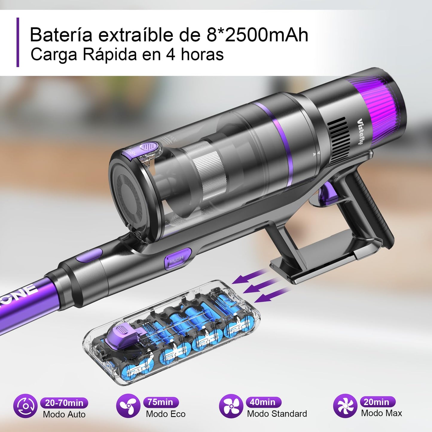 Vistefly V15s MAX Aspiradora Escoba sin Cable, 580 W, 55 kPa de Succión, 8 en 1 con Pantalla Táctil, Autonomía de 75 Minutos, Modo Automático y Sistema Antienredos, Ideal para Suelos, Alfombras y Pelos de Mascotas