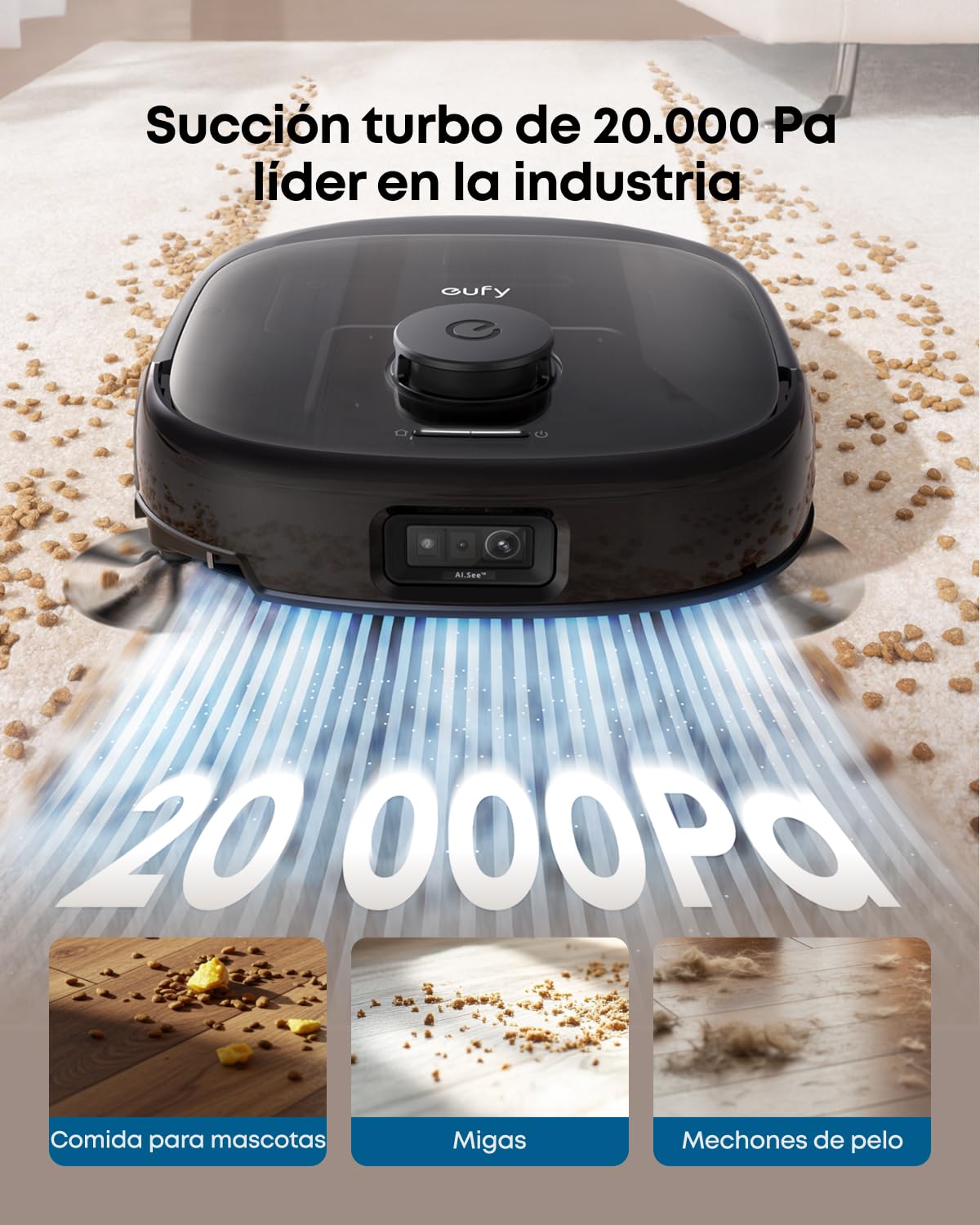 Robot Aspirador eufy Omni E28 con Estación Todo en Uno, Succión de 20.000 Pa, Sistema HydroJet y Cepillos DuoSpiral