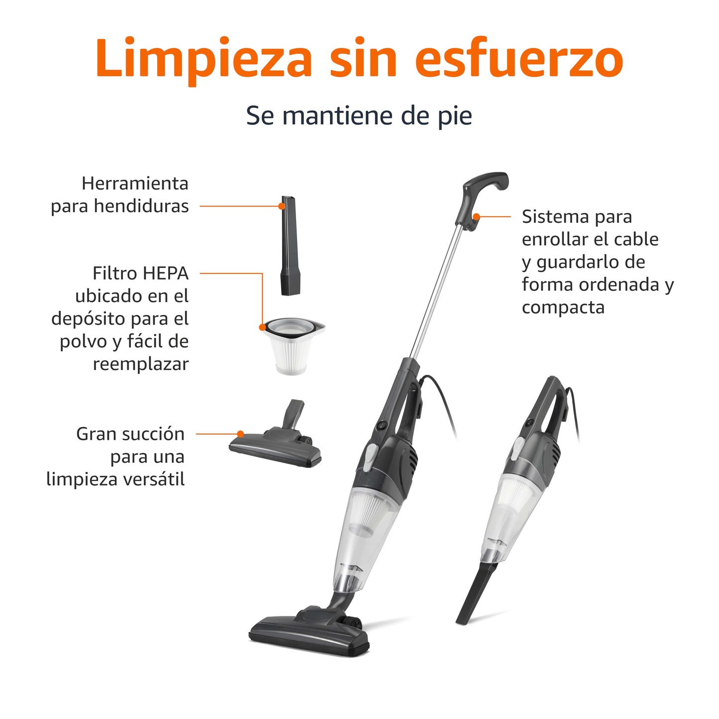 Amazon Basics Aspirador Vertical 2 en 1 con Cable, Motor ECO, Filtro HEPA, Diseño Ligero, Color Negro