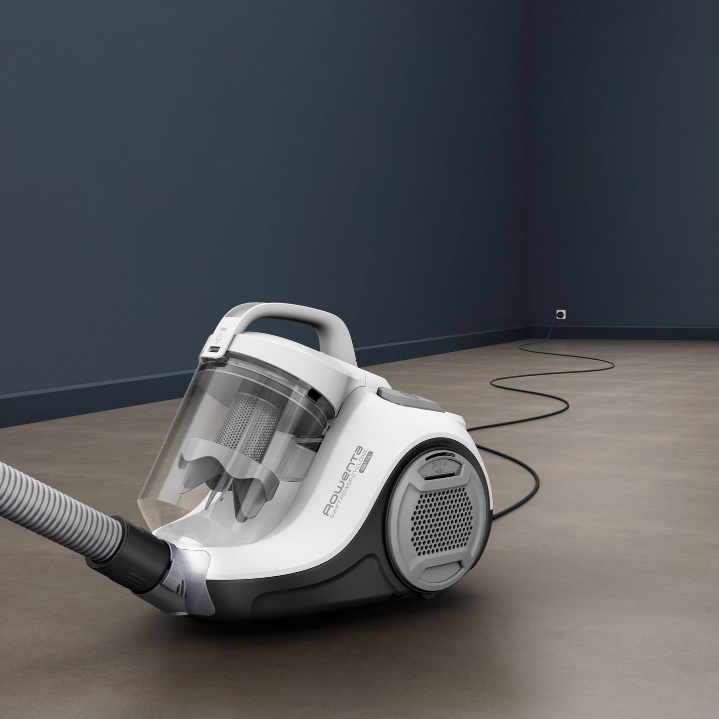 Rowenta Swift Power Cyclonic Classic – Aspiradora sin bolsa potente de 750W, tecnología ciclónica, cabezal alto rendimiento, 3 niveles filtración, 7,5m radio acción, posición parking, blanco