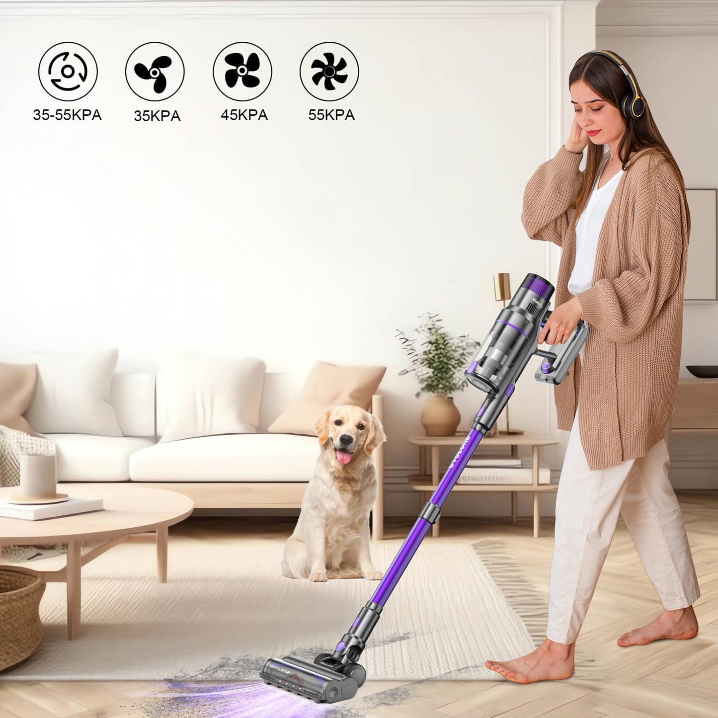 Vistefly V15s MAX Aspiradora Escoba sin Cable, 580 W, 55 kPa de Succión, 8 en 1 con Pantalla Táctil, Autonomía de 75 Minutos, Modo Automático y Sistema Antienredos, Ideal para Suelos, Alfombras y Pelos de Mascotas