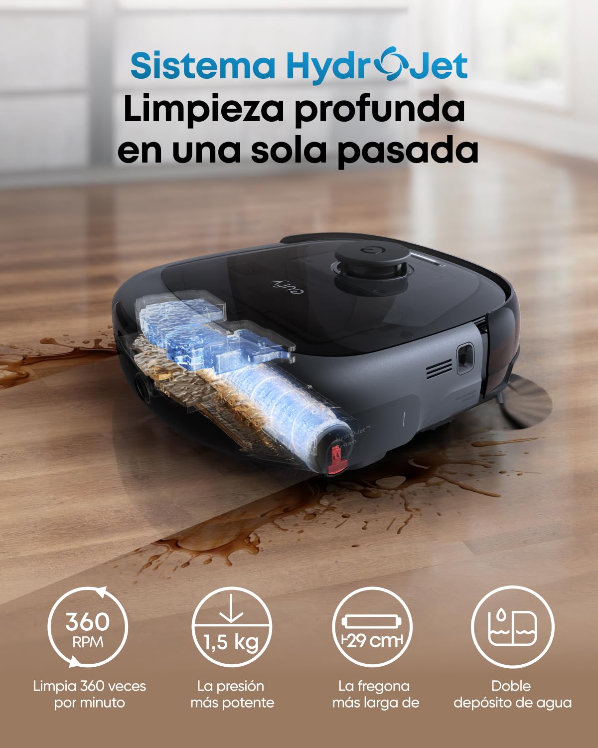 Robot Aspirador eufy Omni E28 con Estación Todo en Uno, Succión de 20.000 Pa, Sistema HydroJet y Cepillos DuoSpiral