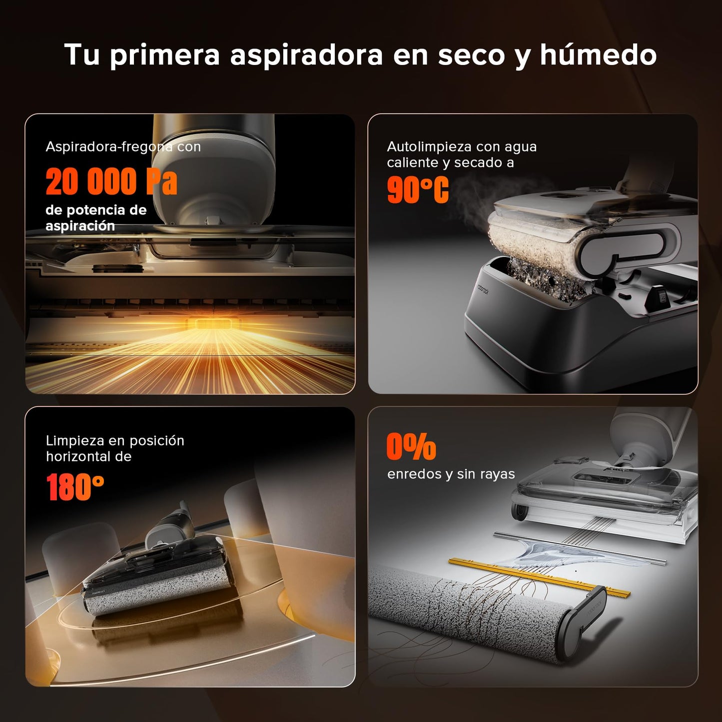Aspiradora Roborock F25 RT en Seco y Húmedo, Sin Cable, 20.000 Pa, Autolimpieza a 90 °C, Secado Rápido y Diseño Ultraplano de 180°