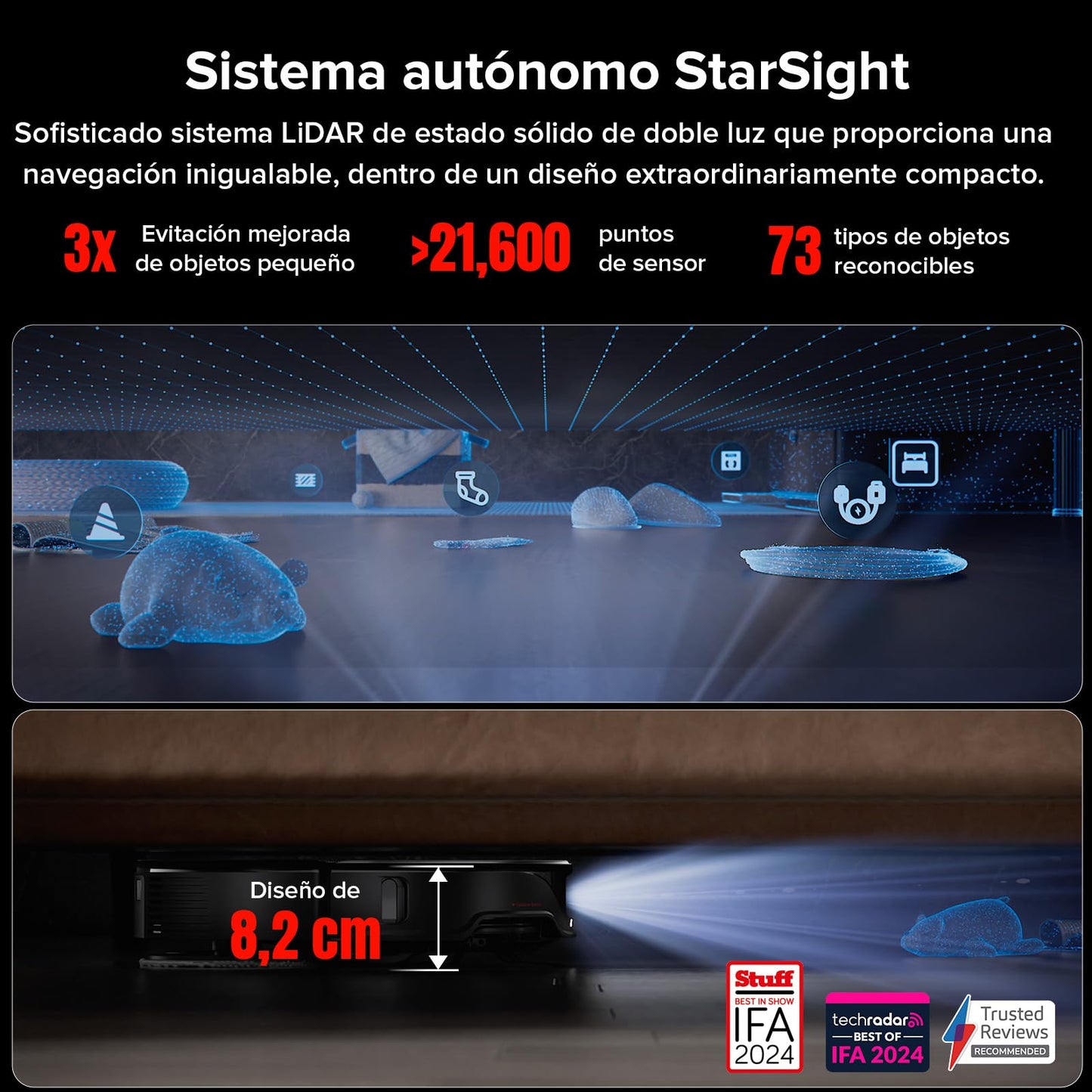 roborock Qrevo Slim Robot Aspirador, 8.2 cm, Navegación pionero Tiempo de Vuelo (ToF) en 3D y StarSight™, Mopa y Cepillo Lateral FlexiArm™, DuoRoller Riser®, Base 8 en 1, 11.000 Pa Negro