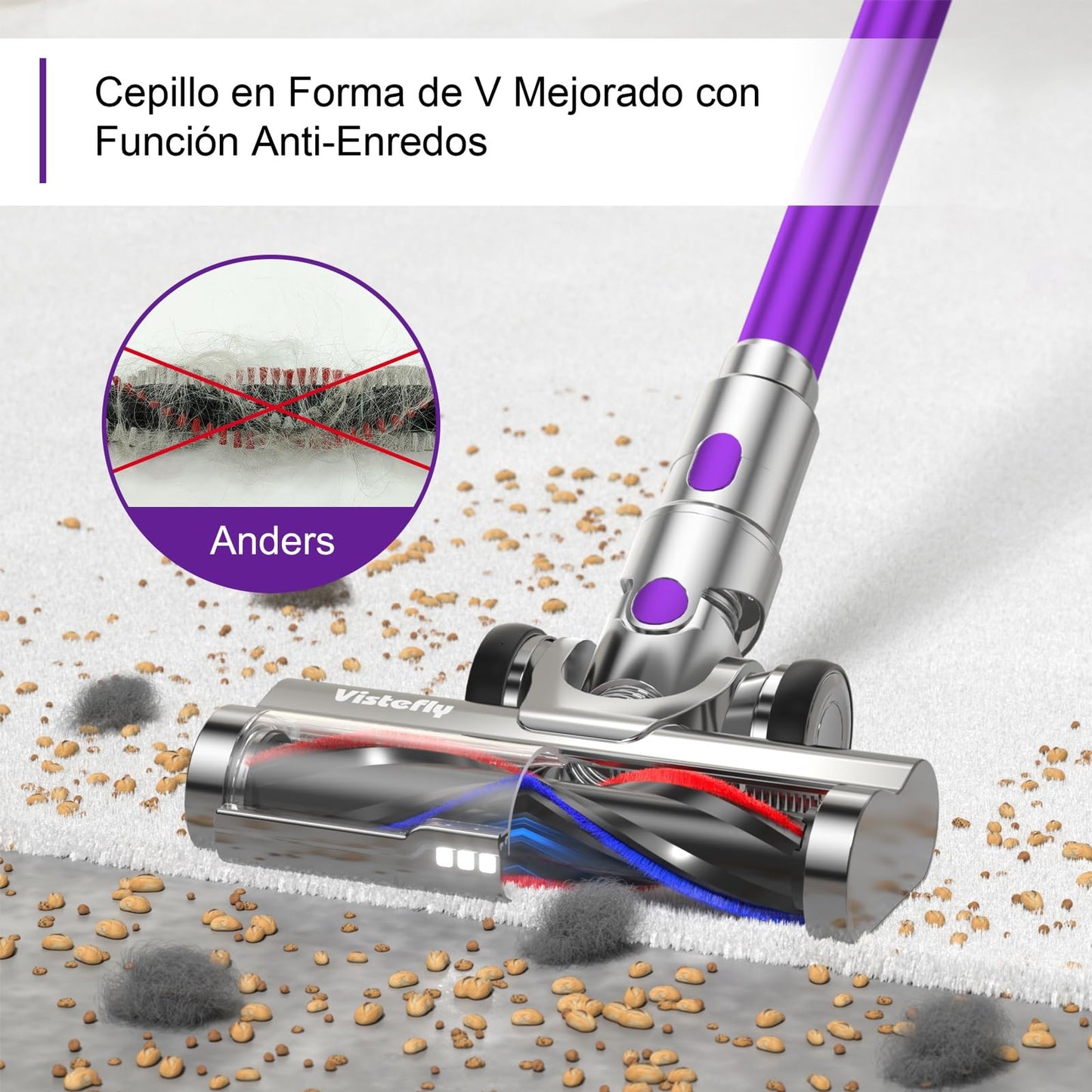 Vistefly V15s MAX Aspiradora Escoba sin Cable, 580 W, 55 kPa de Succión, 8 en 1 con Pantalla Táctil, Autonomía de 75 Minutos, Modo Automático y Sistema Antienredos, Ideal para Suelos, Alfombras y Pelos de Mascotas