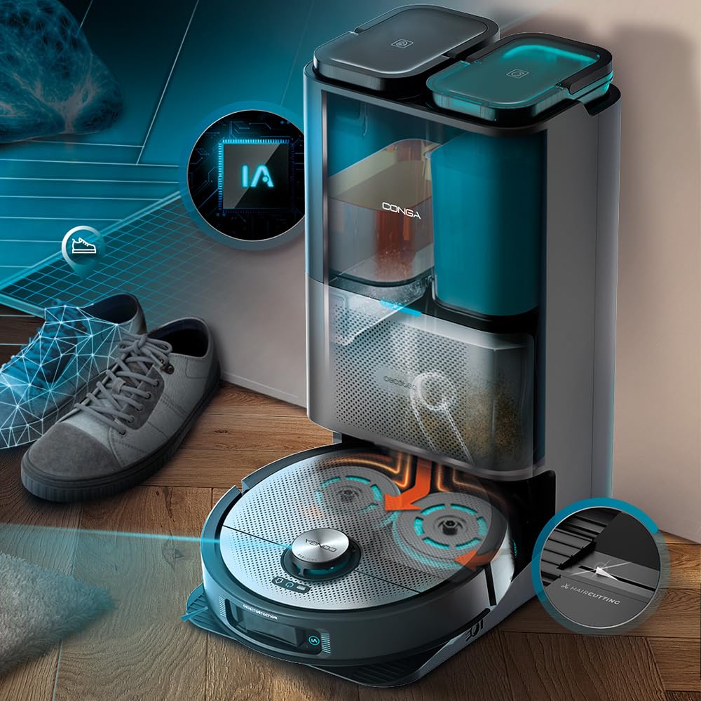 Robot Aspirador y Fregasuelos Cecotec Conga 20090 ProAI con Base de Autovaciado, Corte de Cabello, Dosificador de Jabón, 8000Pa, Tecnología Láser y Control por App