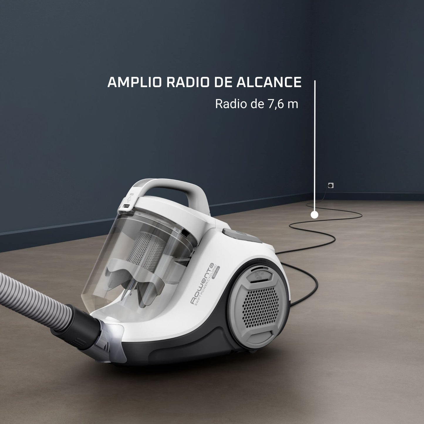 Rowenta Swift Power Cyclonic Classic – Aspiradora sin bolsa potente de 750W, tecnología ciclónica, cabezal alto rendimiento, 3 niveles filtración, 7,5m radio acción, posición parking, blanco