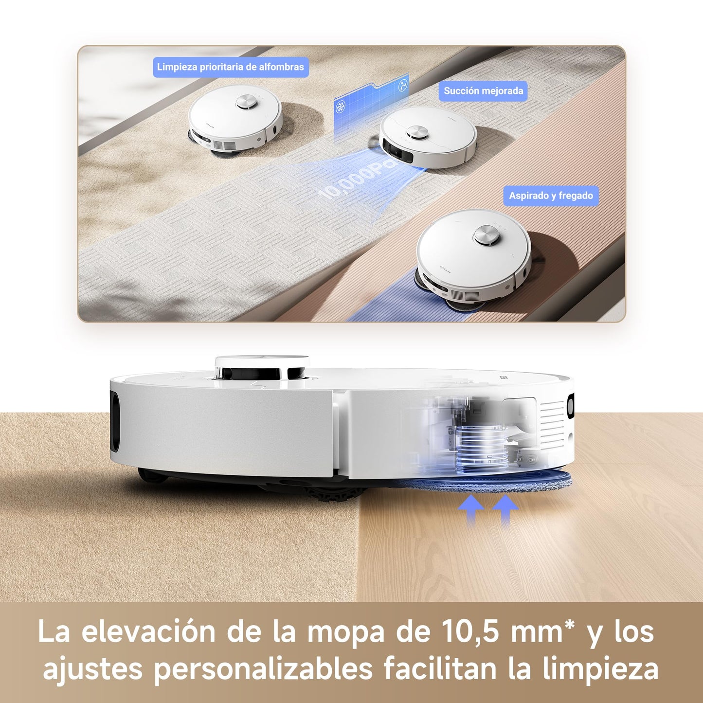 Robot Aspirador y Fregasuelos DREAME L10s Ultra Gen 2 con Estación Base Automática, 10000 Pa de Succión, Tecnología RoboSwing MopExtend, Modo Mascotas, 32 Niveles de Agua y Limpieza Versátil para Alfombras