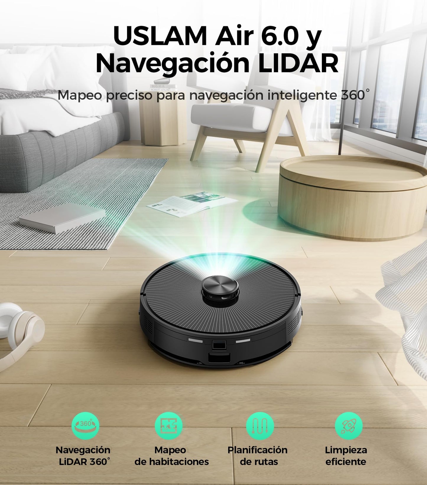 Robot Aspirador y Fregasuelos Vozascly R10 con Mapeo, Vaciado Automático de 4 L y Navegación Dual LiDAR + IMU – Aspira y Friega Suelos con Precisión