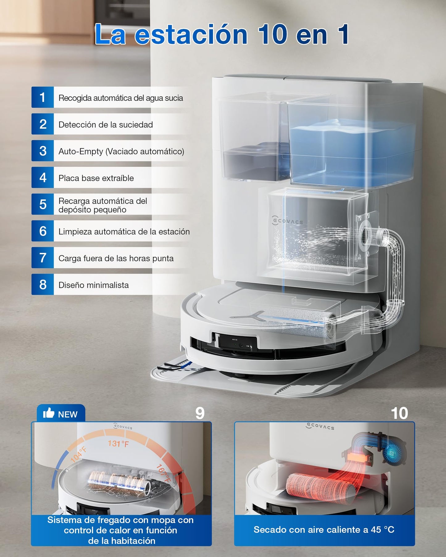 ECOVACS DEEBOT T80 Omni Robot Aspirador y Fregasuelos, Succión de 18.000 Pa, Limpieza Automática OZMO Roller, Sistema ZeroTangle 3.0, Lavado con Agua Caliente 40–75 °C, Secado con Aire Caliente – Blanco