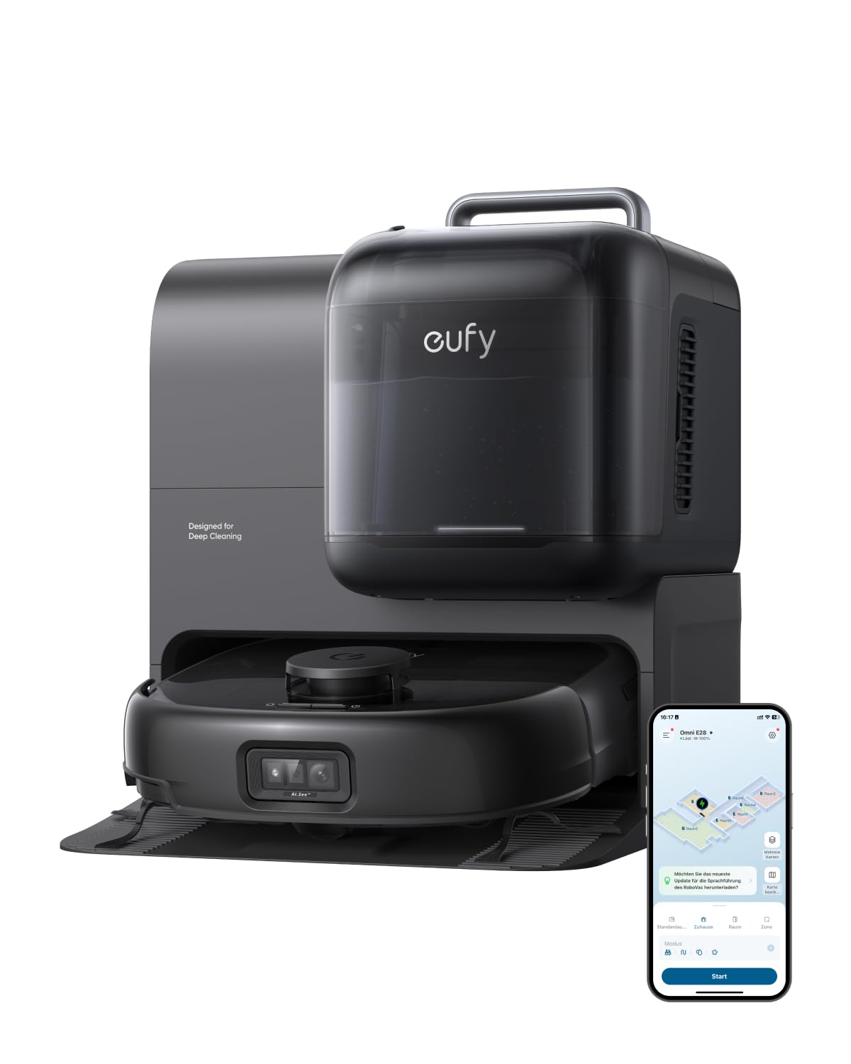 Robot Aspirador eufy Omni E28 con Estación Todo en Uno, Succión de 20.000 Pa, Sistema HydroJet y Cepillos DuoSpiral