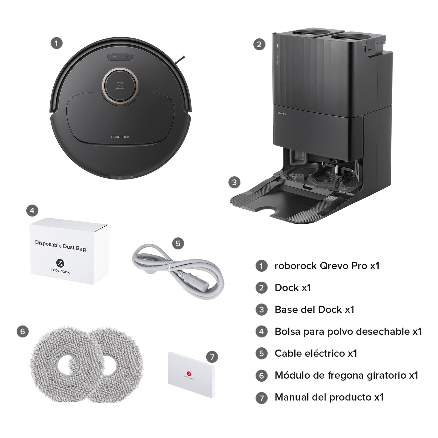 roborock Qrevo Pro Robot Aspirador Base de Carga Todo en uno, FlexiArm Design, Aspiradora y friegasuelo 7000 Pa, Trapeadores de Doble Giro, HyperForce, Reactive Al, Negro