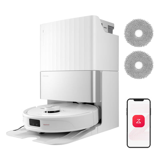 roborock Qrevo Master Set Robot Aspirador 10000 Pa, Cepillo DuoRoller, FlexiArm Design™, HyperForce®, Base multifunción 3.0, Agua Caliente a 60°C, además 2 Paños de Limpieza, Blanco