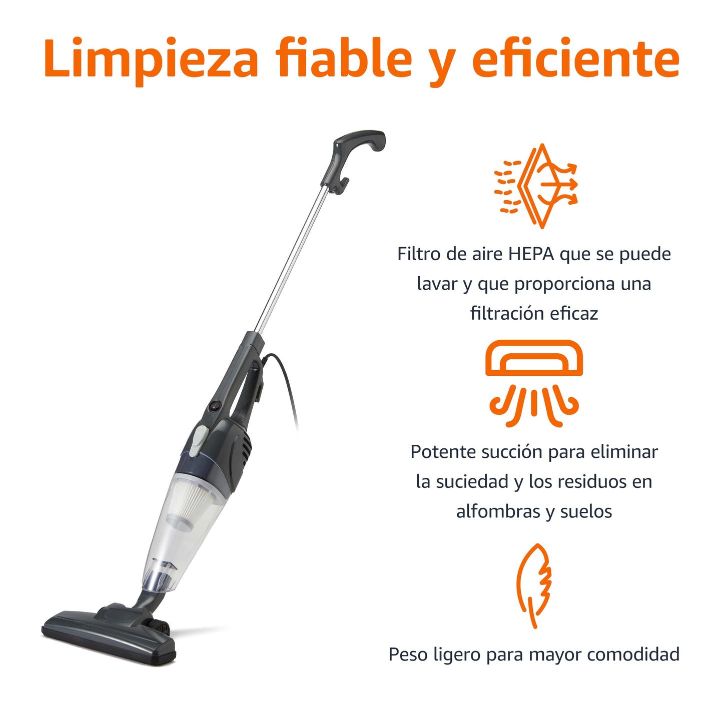 Amazon Basics Aspirador Vertical 2 en 1 con Cable, Motor ECO, Filtro HEPA, Diseño Ligero, Color Negro