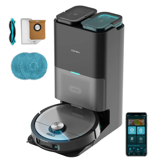 Robot Aspirador y Fregasuelos Cecotec Conga 20090 ProAI con Base de Autovaciado, Corte de Cabello, Dosificador de Jabón, 8000Pa, Tecnología Láser y Control por App
